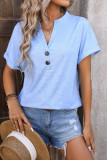 V-Neck Button Solid Colored Cotton Short Sleeves