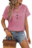 V-Neck Button Solid Colored Cotton Short Sleeves