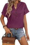 V-Neck Button Solid Colored Cotton Short Sleeves