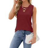 Solid Color Jacquard V-Neck Strap Vest For Women