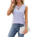 Solid Color Jacquard V-Neck Strap Vest For Women