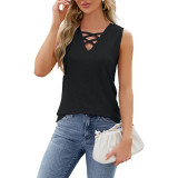 Solid Color Jacquard V-Neck Strap Vest For Women