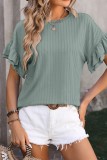 Crewneck Textured Ruffle Sleeve Loose Fit Tops
