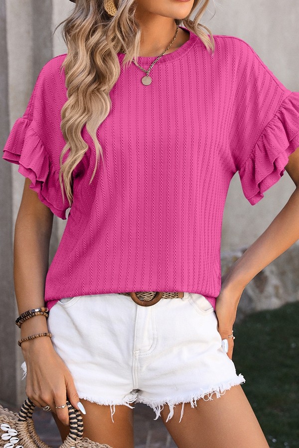 Crewneck Textured Ruffle Sleeve Loose Fit Tops