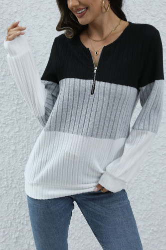 Long Sleeved Zippered Patchwork Color Contrast Top
