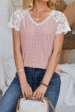 V Neck Lace Splicing Eyelet Blouse
