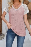 V Neck Lace Splicing Eyelet Blouse