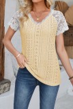 V Neck Lace Splicing Eyelet Blouse