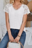 V Neck Lace Splicing Eyelet Blouse