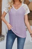 V Neck Lace Splicing Eyelet Blouse