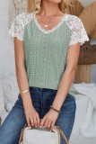 V Neck Lace Splicing Eyelet Blouse