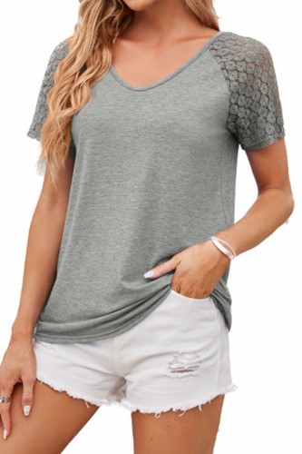 Lace Sleeve Patchwork V neck T Shirts