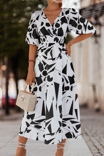 Printed V Neck Bubble Sleeve Midi Dress