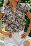 Floral Print Frilled V Neck Butterfly Sleeve Blouse