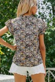 Floral Print Frilled V Neck Butterfly Sleeve Blouse