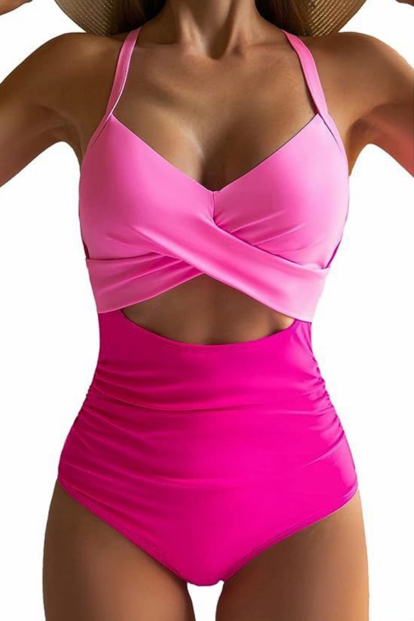 Elastic Straps V Neck Colorblock One Piece Swimsuit