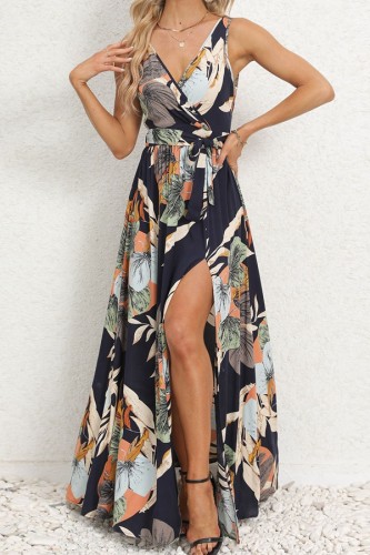 Deep V neck Slit Print Maxi Dress