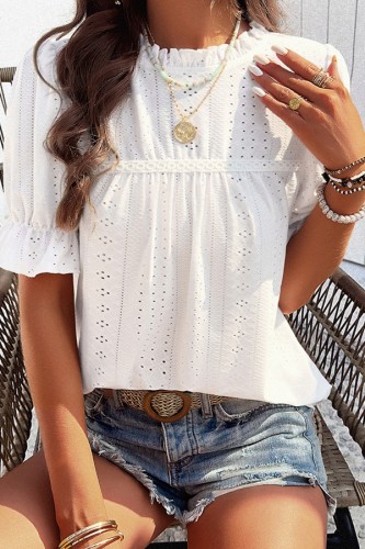 Eyelet Ruffle Mock Neck Puff Sleeve Tops