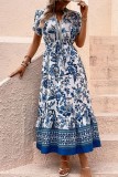 Blue Print Short Sleeve Midi Dress