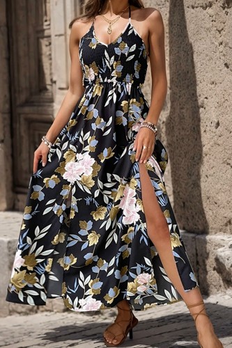Floral Print V Neck Split Maxi Dress