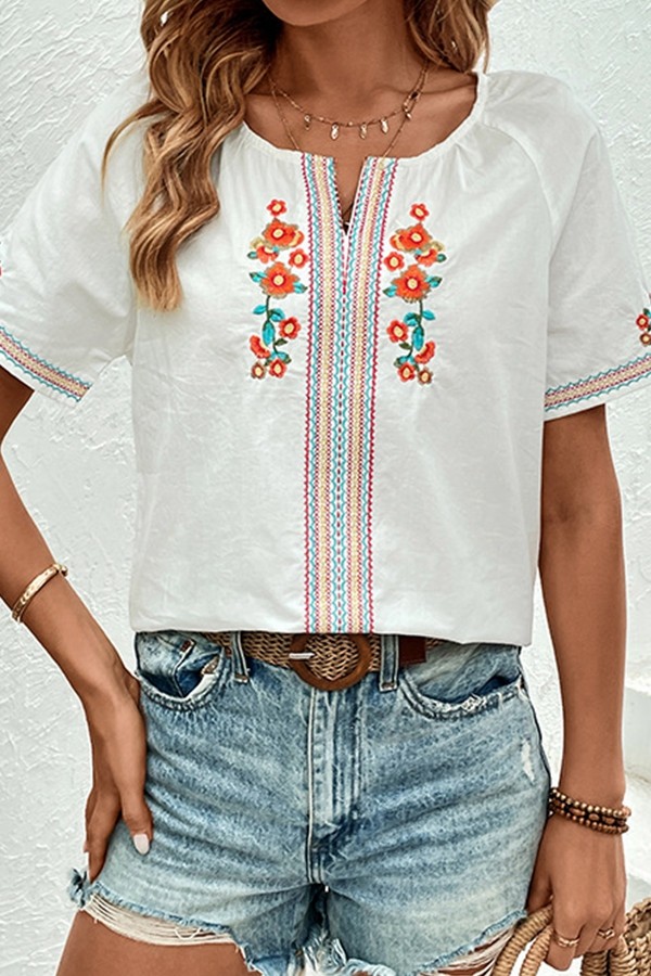 Embrodery V neck Short Sleeve Tops