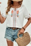 Embrodery V neck Short Sleeve Tops