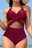 Solid Elastic Straps V Neck One Piece Swimsuit