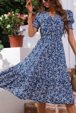 Blue V-Neck Waistband Printed Dress Short Skirt