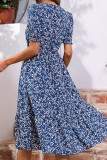 Blue V-Neck Waistband Printed Dress Short Skirt