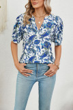 V-Neck Bubble Short Sleeved Printed Casual Top