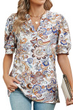 V-Neck Bubble Short Sleeved Printed Casual Top