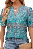 V-Neck Bubble Short Sleeved Printed Casual Top