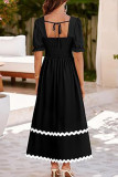 Square Neck Lace Back Pleated Bubble Sleeve Dress