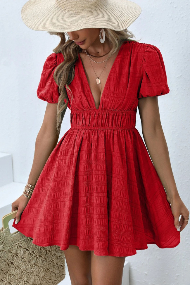 V-Neck Pleated High Waist Dress