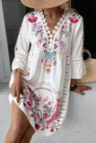 V-Neck Lace Print Bell Sleeves Dress