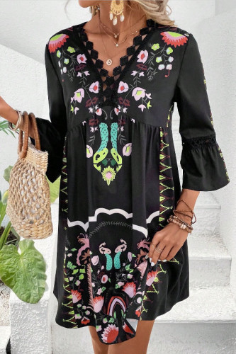 V-Neck Lace Print Bell Sleeves Dress
