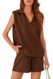 V-Neck Sleeveless Sweatshirt Shorts Sets