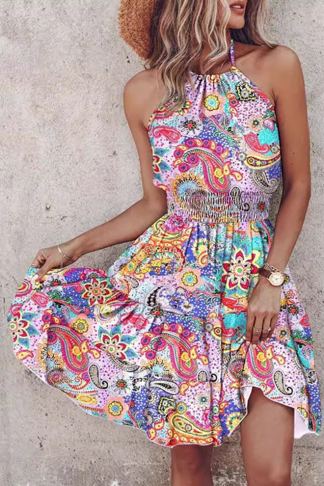 Boho Printed Halter Neck Mini Dress