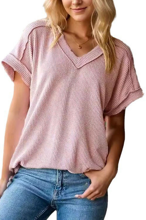 Knitted Loose V-Neck Jacquard T-Shirts