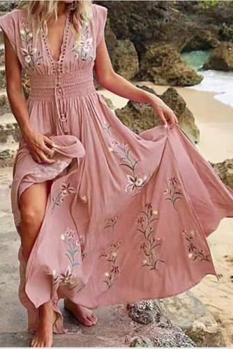 V-Neck Beach Bohemian Print Dress