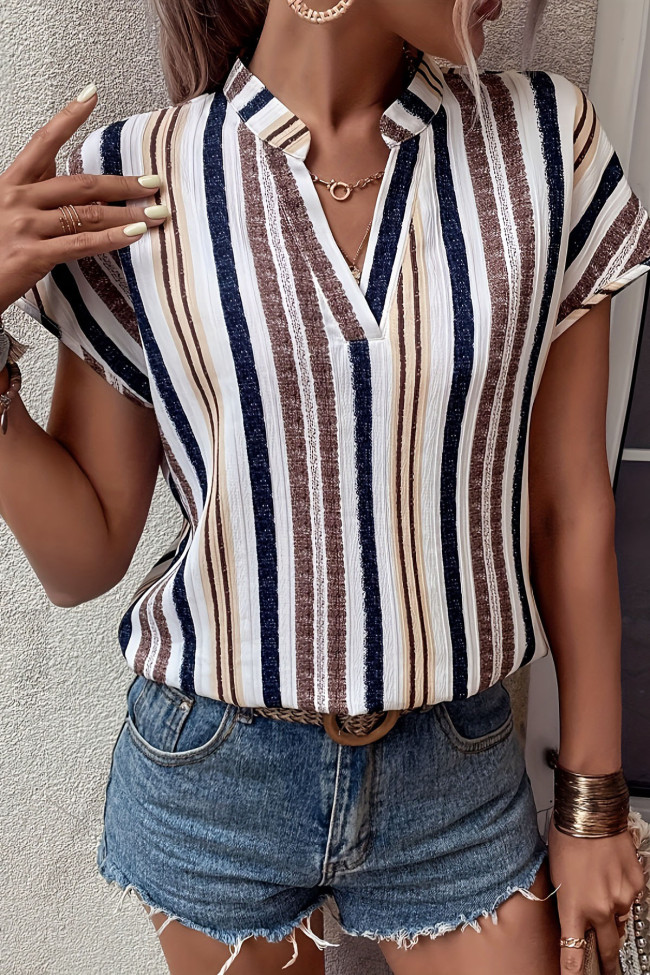 Striped Print V-Neck Bat Sleeve T-Shirts