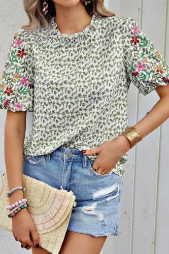 Embroidered Printed Short-Sleeved Top