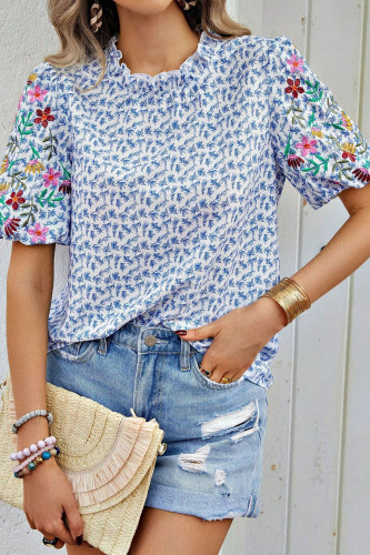 Embroidered Printed Short-Sleeved Top