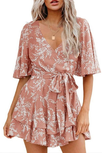 Flower Print V-Neck Flared Sleeve Dress