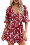 Flower Print V-Neck Flared Sleeve Dress
