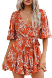 Flower Print V-Neck Flared Sleeve Dress