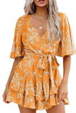 Flower Print V-Neck Flared Sleeve Dress