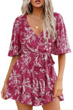 Flower Print V-Neck Flared Sleeve Dress