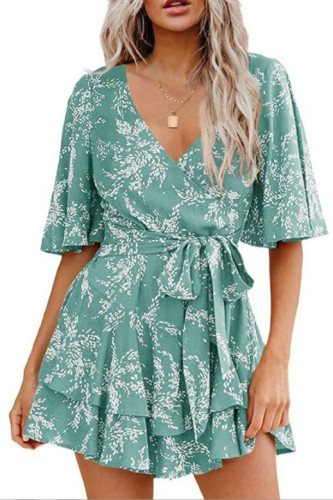 Flower Print V-Neck Flared Sleeve Dress