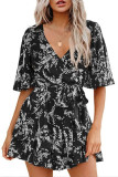 Flower Print V-Neck Flared Sleeve Dress